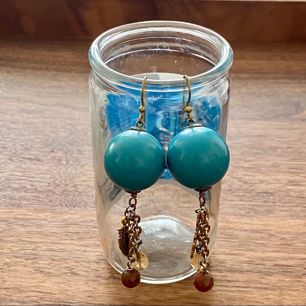 Adorable Turquoise ball and feather earrings